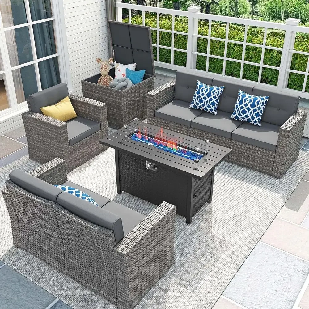 Outdoor Furniture Fire Pit - Set Furnitur Teras 8 Bagian dengan